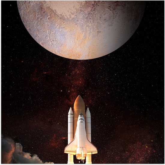Poster Glanzend – Wit met Oranje Raket onderweg naar Planeet - 50x50 cm Foto op Posterpapier met Glanzende Afwerking