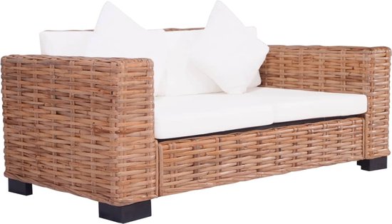 The Living Store Rattanbank - tweezitsbank - natuurlijk rattan - 157x80x67 cm - inclusief kussens