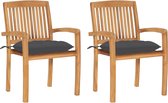 Chaises de jardin The Living Store - Teck dur - Dossier à lattes - Empilables - Coussin anthracite - 60x57,5x90 cm - Set de 2
