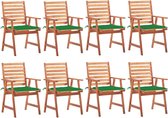 Ensemble de chaises de jardin The Living Store - Chaises en bois d'acacia The Living Store - Set de 8 - Coussin vert - 56x62x92 cm - Bois d'acacia Massief - Coussin imperméable