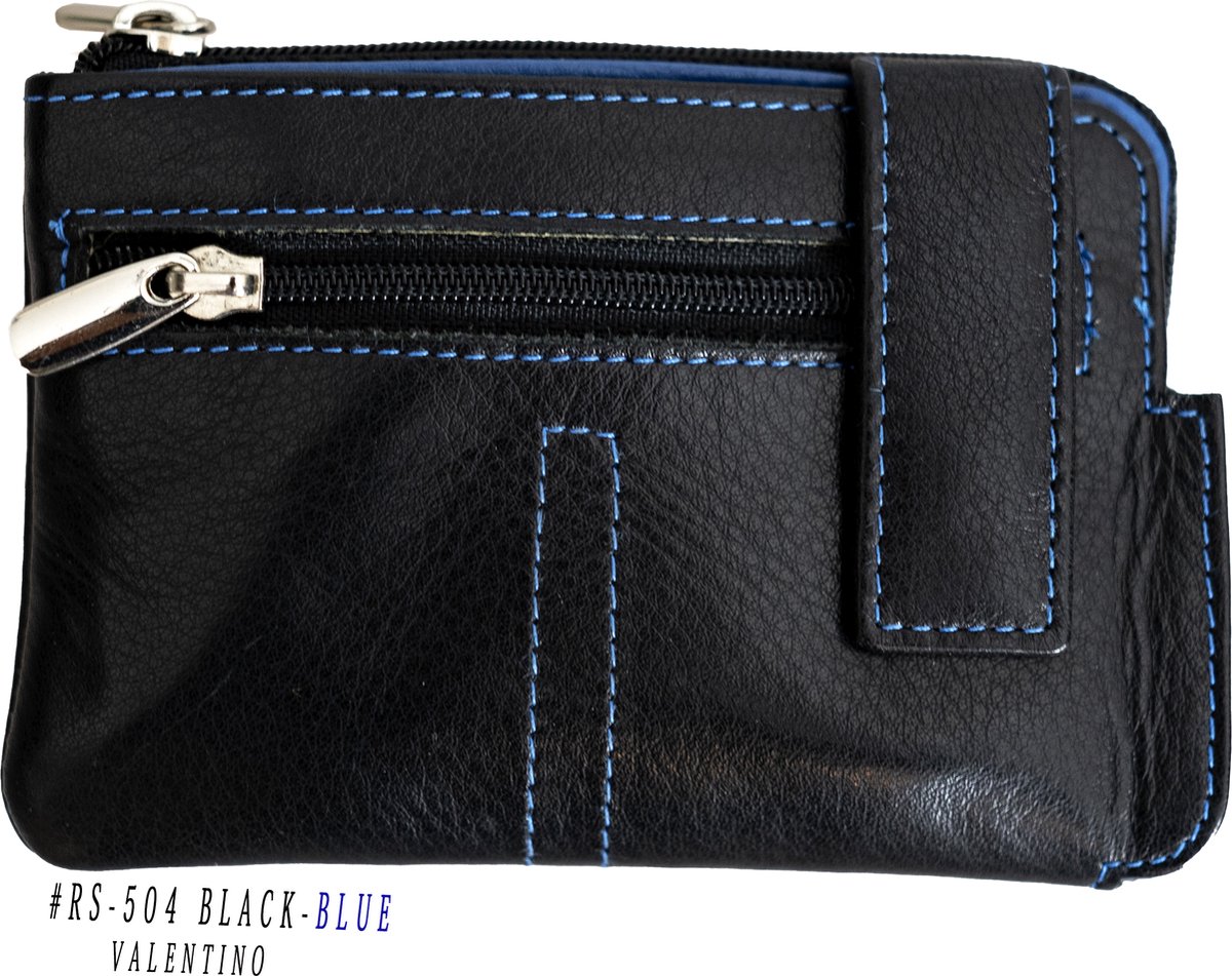 Massi Miliano Sleutel-etui/ Portemonnee Unisex Nappa Leer Zwart/Blauw - (RS-504-6+8) -11.5x1.5x8cm -