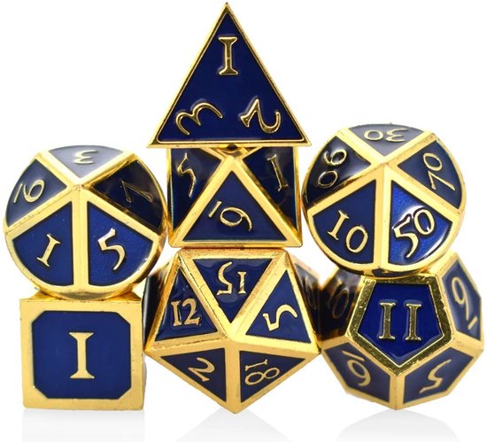 Metalen Dobbelstenen Set - Blauw & Goud - Dice Set - Polydice Set - 7 Stuks - Inclusief metalen case en velvet opbergzak
