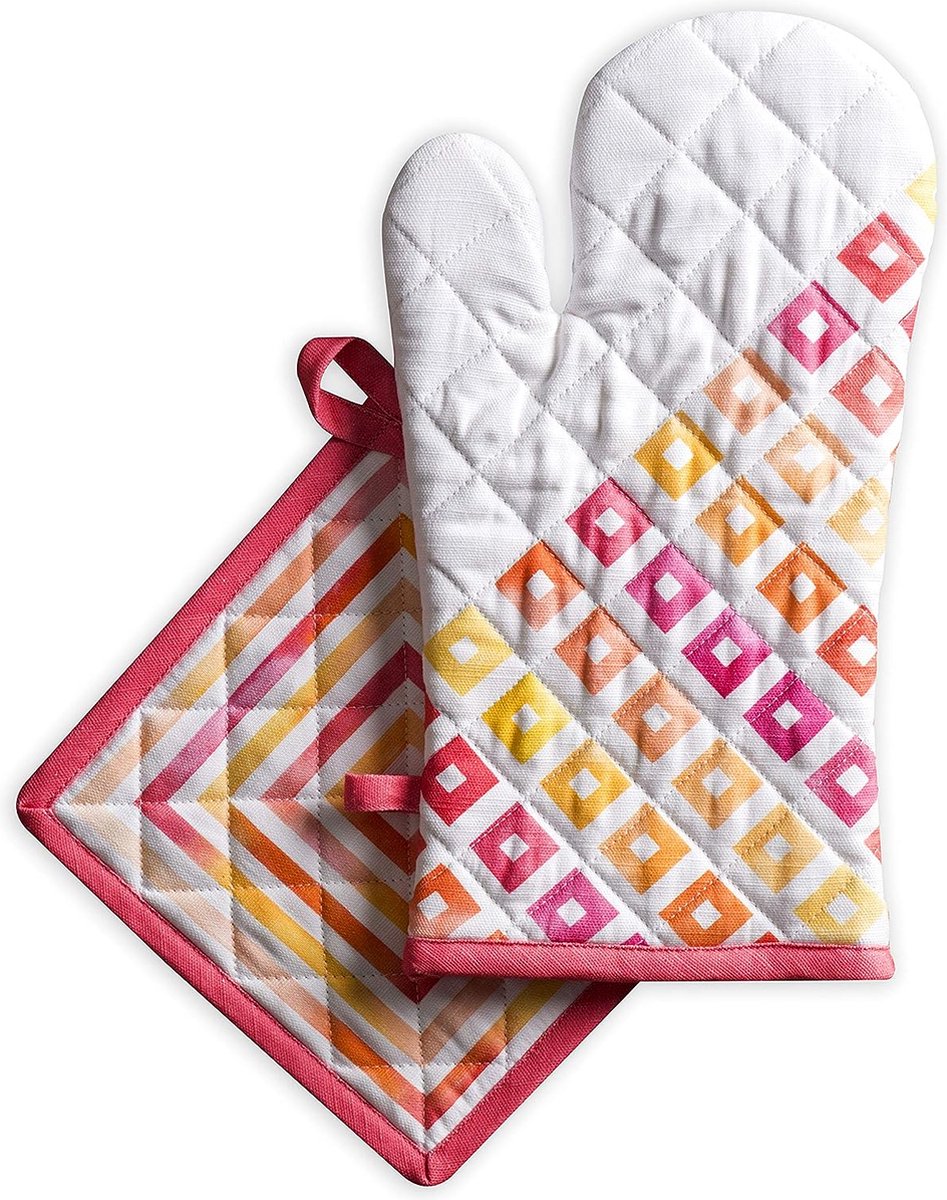 Ovenwanten + pannenlappen 100% katoenen ovenwanten (19 cm x 33 cm) & pannenlappen (20 cm x 20 cm) voor moederdagcadeau koken grillen bakken zomerdoolhof – lente zomer