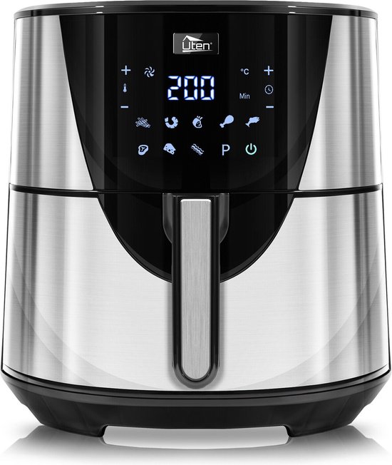 Heteluchtfriteuse, 25 l, friteuse zonder olie, van roestvrij staal, met 12 programma's, led-touchscreen en 5 accessoires voor friet, pizza, kip, 1800 W