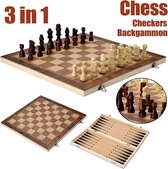 3-in-1 houten spelset met opvouwbaar schaakbord, backgammon en dammen voor volwassenen, kinderen en beginners, maat 29 x 29 cm