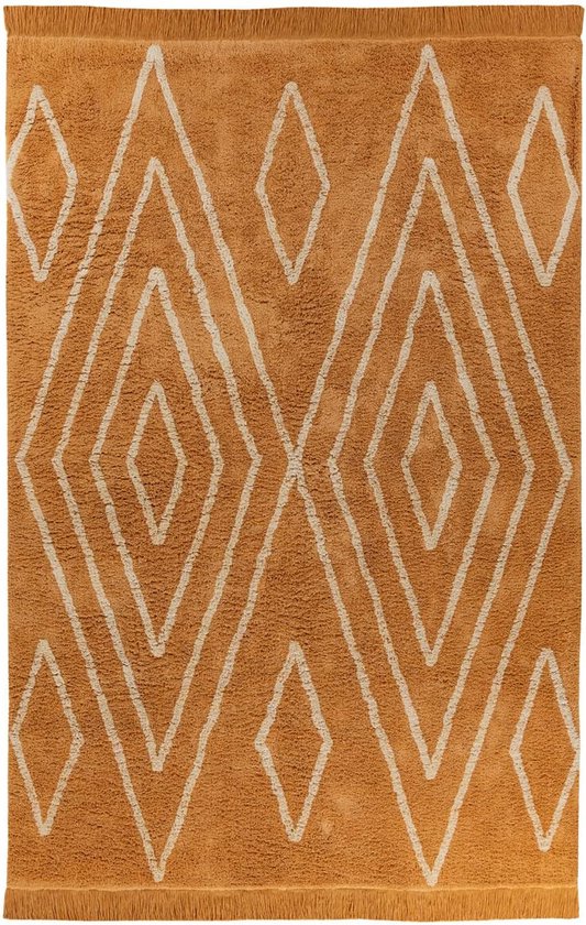 Hoogpolig tapijt Shaggy katoen moderne boho look voor slaapkamer met discrete patroon en franjes in oker geld beige, afmetingen 80 x 150 cm