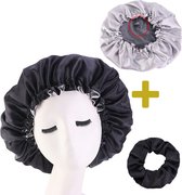 Satijnen Bonnet + Scrunchie - Satijnen Slaapmuts - Bonnet voor Krullen - Haar Bonnet - Hair Bonnet - Satin Bonnet - Afro - Unisex - Zwart -Black
