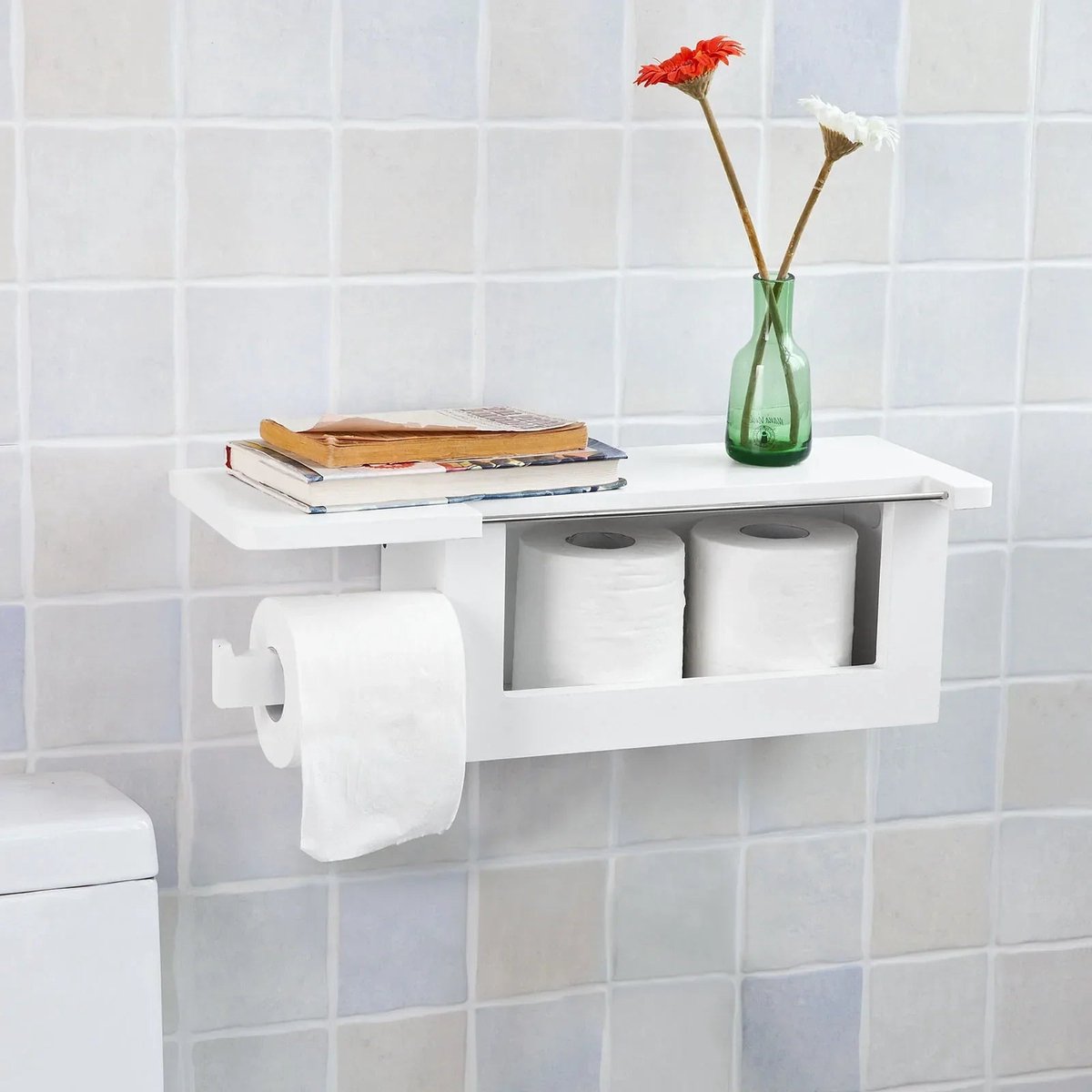 Rootz witte wandgemonteerde badkamer - toiletpapierrolhouder met opbergplank