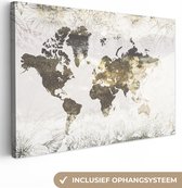 Canvas Wereldkaart - 60x40 - Wanddecoratie Wereldkaart - Bloemen - Goud