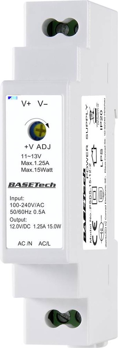 Basetech PSDS-15-12-2 DIN-rail netvoeding 12 V 1.25 A 15 W Aantal uitgangen: 1 x Inhoud: 1 stuk(s)
