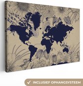 Canvas Wereldkaart - 120x80 - Wanddecoratie Wereldkaart - Bloemen - Blauw