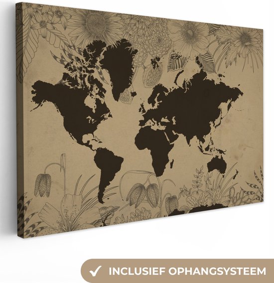 Carte du monde marron foncé ornée d'illustrations de fleurs 60x40 cm