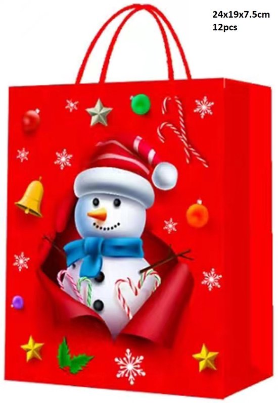 Sac Cadeau Noël - Bonhomme de Neige - Sac Cadeau Carton - Set de 12 Pièces  - 24x19x7,5 cm