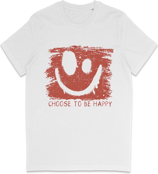 T Shirt Homme et Femme (Unisexe) Be Happy Smiley Red Grunge Print - Wit - Taille XS