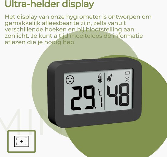 YUCONN Hygrometer - Weerstation - Thermometer Binnen - Digitaal Thermometer En Luchtvochtigheidsmeter - Inclusief Batterij en Plakstrip - Zwart