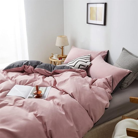 Beddengoed, effen 220 x 240 cm, roze/grijs, kingsize beddengoedset, 220