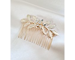 Goudkleurige Haarkam Bloem - Insteekkam 8,9X5 CM met Kristal - Youhomy accessoires haarsieraden- Hair jewelry - Mooie haarsieraden Haaraccessoire Bruid | Bruidmeisje | Bruidkindje-Galafeest- Bruiloft-Jubileum- Feest