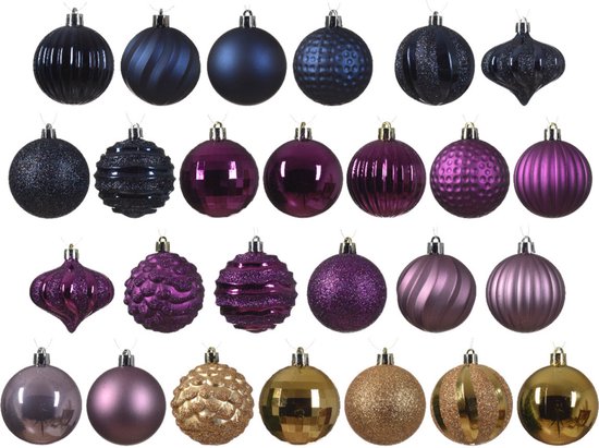 Decoris kerstballen - 30x st kunststof - donkerblauw/goud/paars - 7 cm