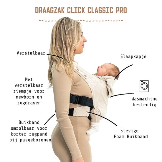 ByKay Click Classic - draagzak baby - ergonomisch - tot 18kg - newborn tot 2 jaar - comfortabel en snel - beige - Rib Almond Sand