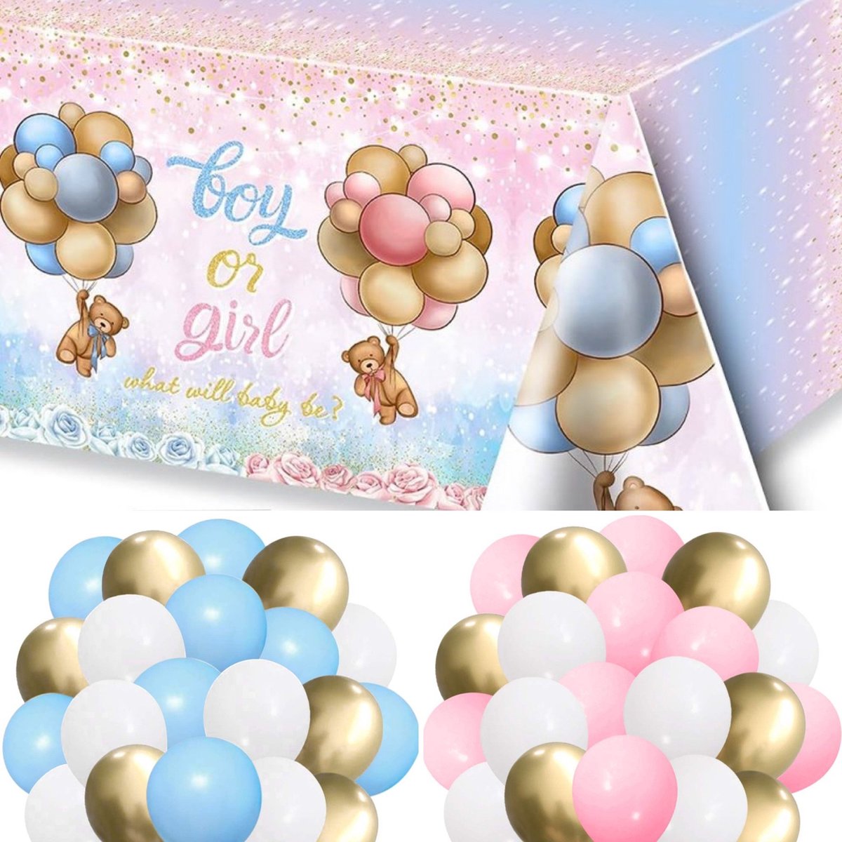 41-delige Boy or Girl genderreveal pakket met tafelkleed en ballonnen - genderreveal - babayshower - tafelkleed - beer - ballon