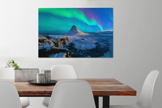 Aurores boréales au-dessus de la montagne Kirkjufell en Islande toile 2cm 90x60 cm - Tirage photo sur toile (Décoration murale salon / chambre) / Phénomènes naturels Peintures sur toile