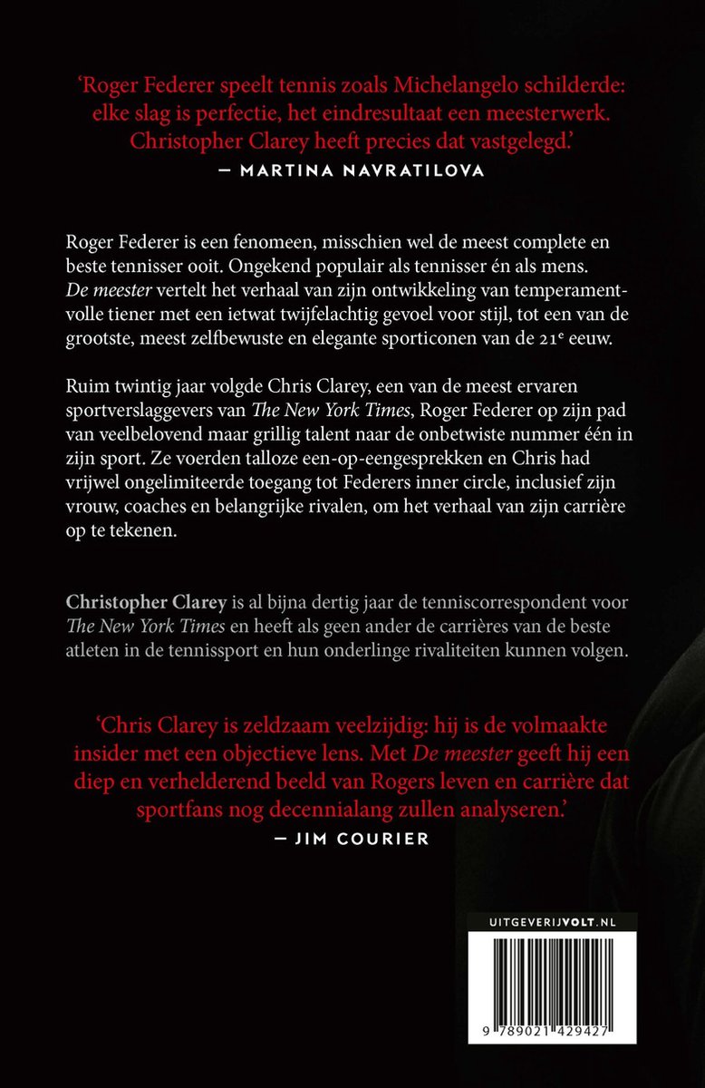 Boekomslag van 'De meester', het verhaal van Roger Federer. Tekst in het Nederlands.