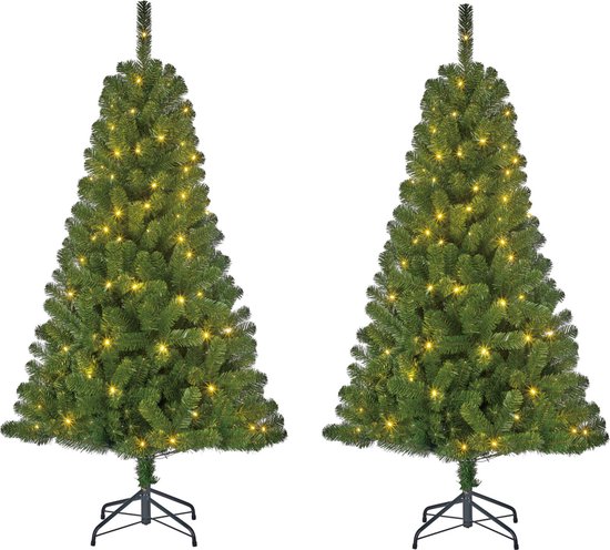 Set van 2x stuks groene kunst kerstbomen/kunstbomen met warm witte verlichting 120 cm
