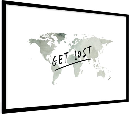 Affiche avec cadre Wereldkaart - Citation - Grijs - 60x40 cm
