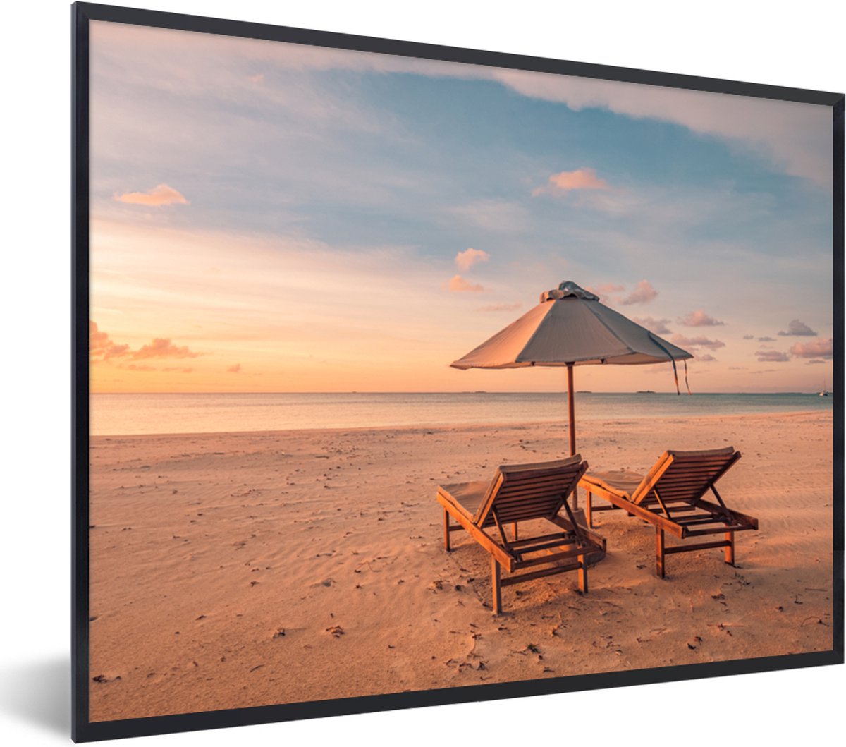 Poster in lijst - Fotolijst 80x60 cm - Posters - Strand - Ligbed - Parasol - Posterlijst z