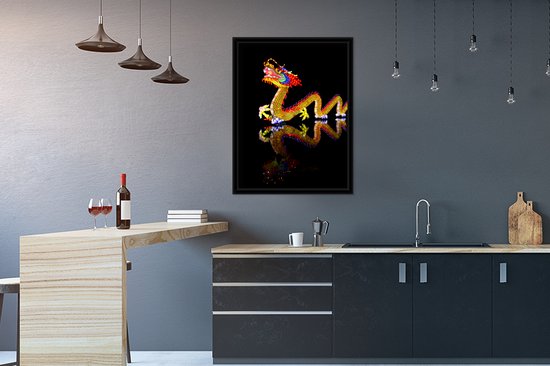 Image encadrée - Dragon chinois lumineux avec cadre photo reflet 40x50 cm - Affiche encadrée (Décoration murale salon / chambre)
