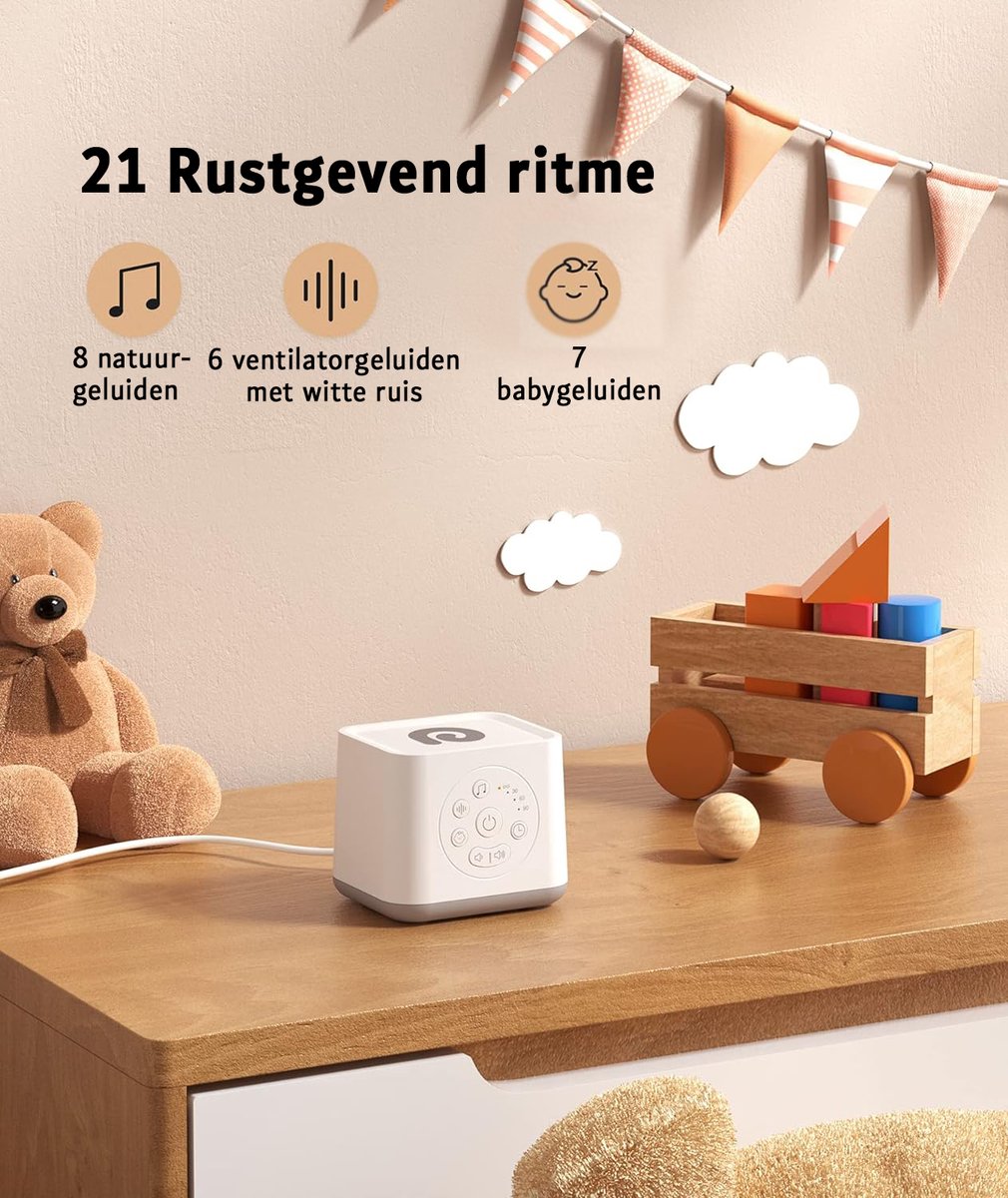 White Noise Machine - Draagbaar - Met USB - 21 Geluiden - Geschikt voor alle leeftijden - Wit