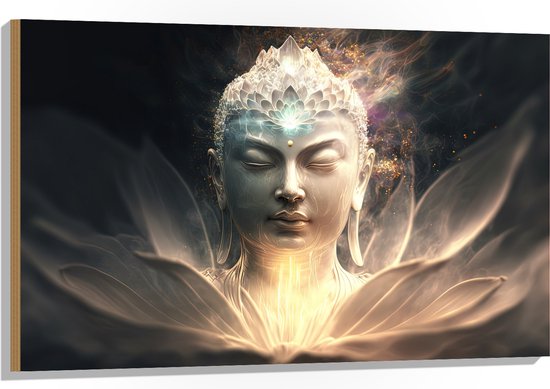 Hout - Buddha - Licht - Kleuren - 105x70 cm - 9 mm dik - Foto op Hout (Met Ophangsysteem)