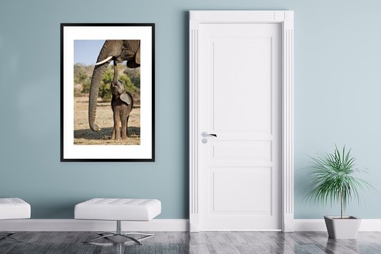 Affiche avec cadre Éléphants - Bébé éléphant communique avec sa mère - Cadre photo noir - 80x120 cm - Affiche avec cadre