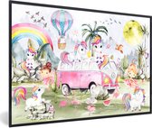 Poster in fotolijst kind - Wanddecoratie meisjes - Unicorn - Regenboog - Kinderen - Meiden - Auto - Wanddecoratie kinderkamers - 30x20 cm - Schilderij voor kinderen