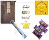 Thee en chocolade cadeau pakketje jij bent goud waard | cadeau medewerkers in het zonnetje zetten | bedrijfscadeautje bedankt collega's personeel attentie bedankjes uitdeelcadeaus
