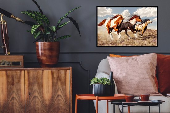 Affiche avec cadre Paarden - Animaux - Herbe - Fourrure - 60x40 cm