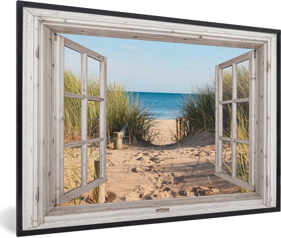 Fotolijst incl. Poster - Doorkijk - Strand - Zee - Duinen - Zand - Water - Helmgras - 90x60 cm - Posterlijst