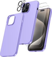 Hoesje Geschikt voor iPhone 15 Pro Max – Zacht siliconen liquid backcover met 2x screenprotector gehard glas en 1x lens protector – Lila