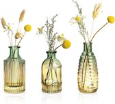 Set van 3 vintage kleine glazen vazen ​​voor tafeldecoratie - kleurrijke desktop bloemenvazen ​​- Knoop vazen ​​met reliëf voor bruiloften, feesten, evenementendecoratie arrangementen