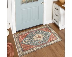 Boho Tribal klein entreekleed deurmat 60 x 90 cm, bohemien noodlijdende kunstwol antislip wasbaar laagpolig badmat voor badkamer keuken entree binnen rood