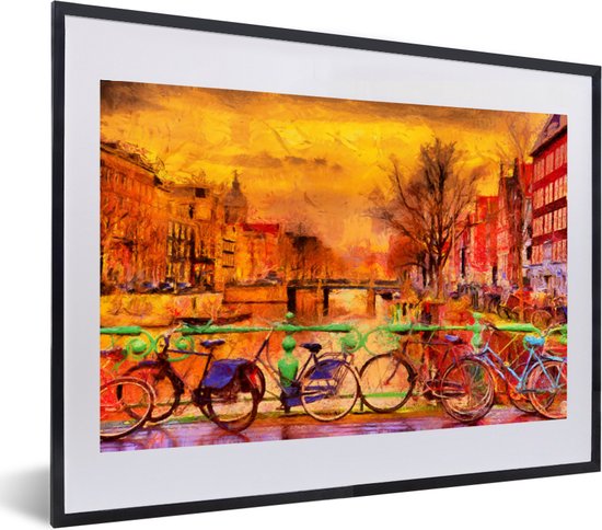 Fotolijst incl. Poster - Schilderij - Fiets - Amsterdam - Gracht - Olieverf - 60x40 cm - Posterlijst