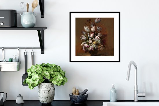 Affiche avec cadre Maîtres anciens - Nature morte aux fleurs - Peinture de Hans Bollongier - cadre photo noir - 40x40 cm - Affiche avec cadre