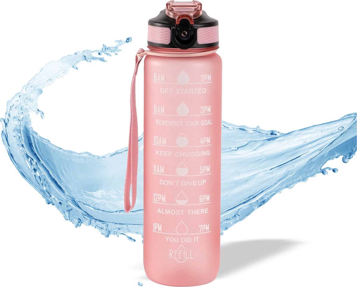 Vipes Motivatie Waterfles - Drinkfles 1 liter - Tijdsmarkering - Drinkfles met rietje - Bidon - Licht roze