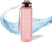 Vipes Motivatie Waterfles - Drinkfles 1 liter - Tijdsmarkering - Drinkfles met rietje - Bidon - Licht roze