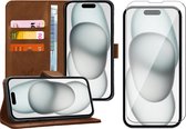 Hoesje geschikt voor iPhone 15 Plus - Screen Protector GlassGuard - Book Case Leer Pasjeshouder Bruin & Screenprotector