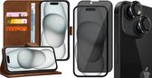 Coque pour iPhone 15 - Protecteur d'écran de confidentialité FullGuard et protecteur d'écran pour objectif d'appareil photo Zwart - Étui livre en Cuir avec porte-cartes marron