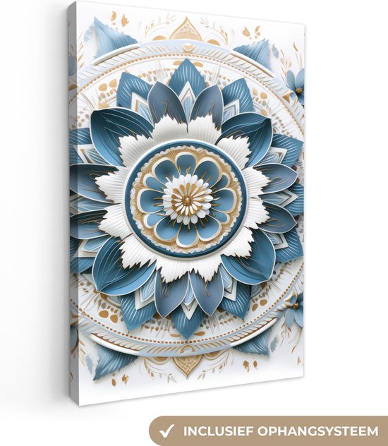 Tableau sur toile Mandala - Blauw - blanc - Or - 120x180 cm - Décoration murale XXL