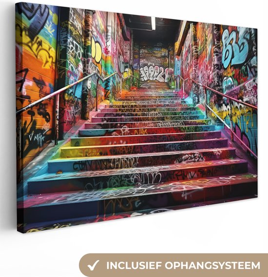 Tableau sur toile Escaliers - Graffiti - Couleurs - Art - 140x90 cm - Décoration  murale
