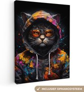 Canvas Schilderij Kat - Jas - Graffiti - Bril - Zwart - 30x40 cm - Wanddecoratie