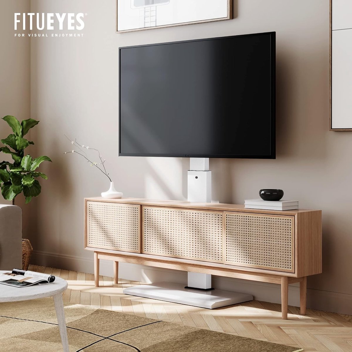 FITUEYES Meuble TV pivotant à 70° avec support pour écran plat incurvé de  32 à 60 pouces Hauteur réglable avec 2 étagères, gestion des câbles, Max  VESA 600x400 mm 